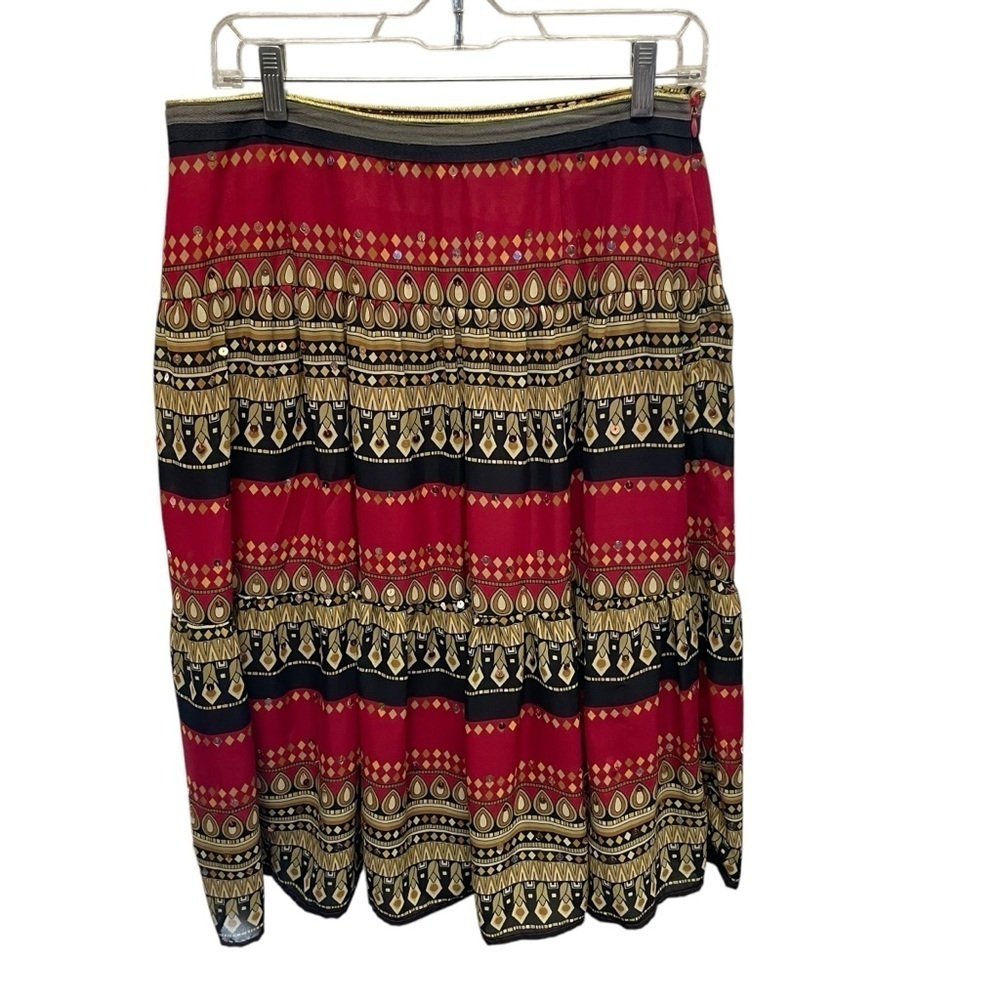 Patchington India style boho tiered skirt red gold women’s size 10 sequins